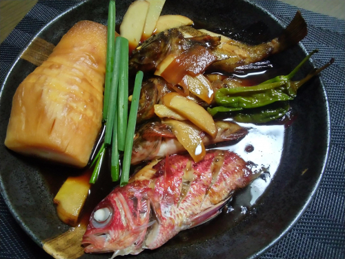 魚はメバル、カサゴ、アヤメエビスです。アヤメエビスは鱗がごっついんですが煮たら身は白身で美味しい。