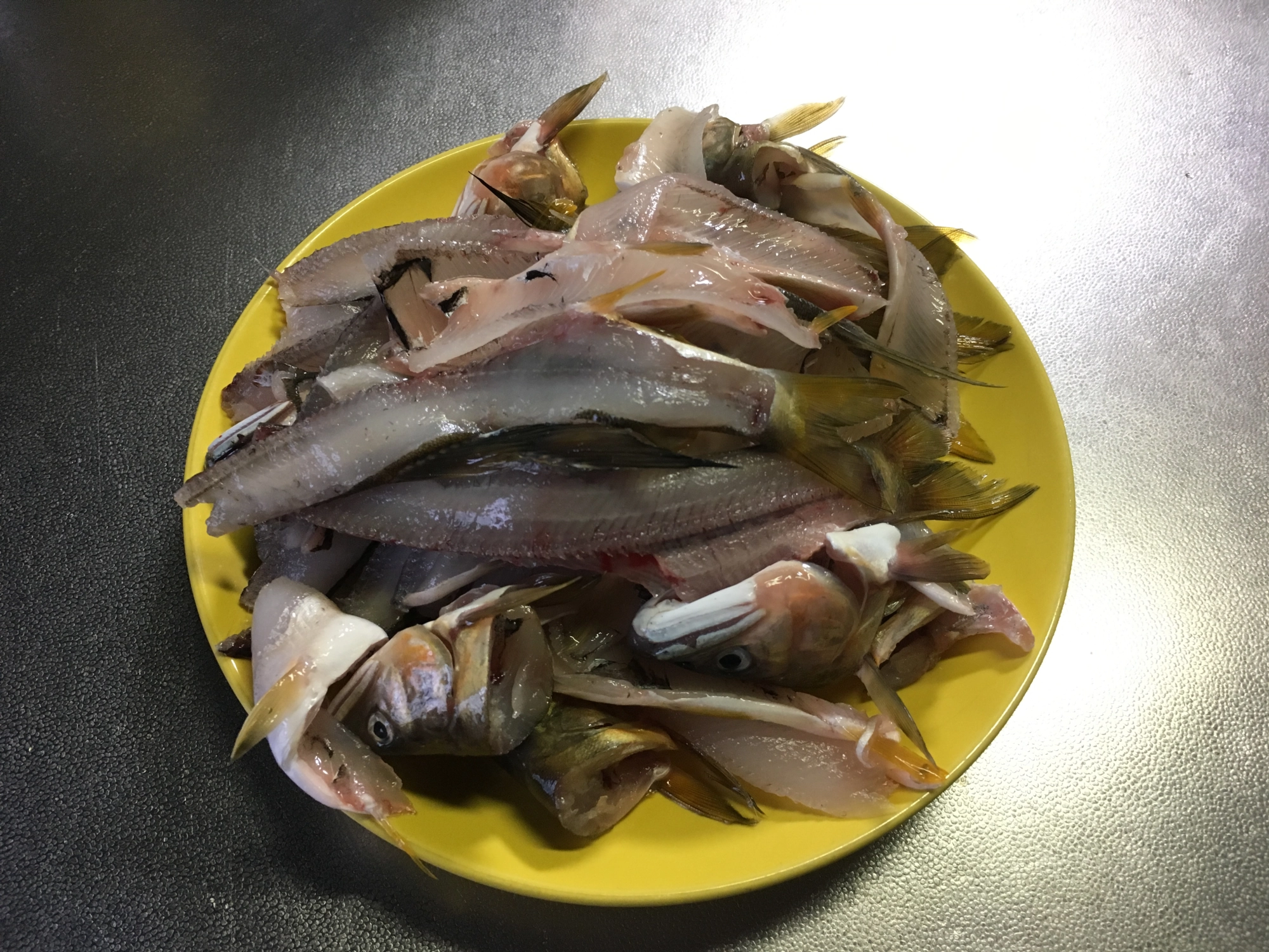 (1)鮎釣りの終盤に釣れる大鮎。身は天ぷらにして残った頭や骨です。内蔵は捨てます。