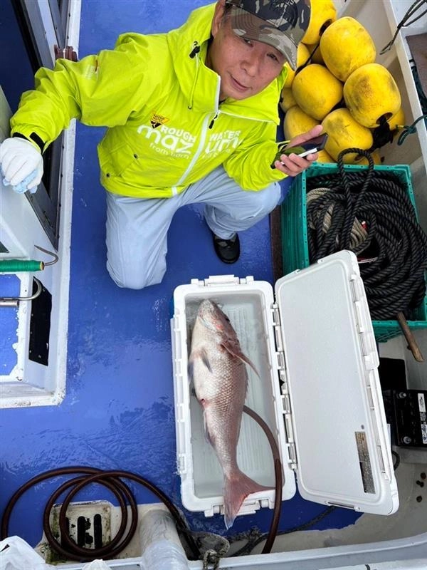 沼津沖マダイ釣りで大型のマダイ釣れてます！ハリスは４～５号、針はマダイ針８～10号前後です。ハリスは４号でも５号でも同じように慎重にやり取りしましょう。