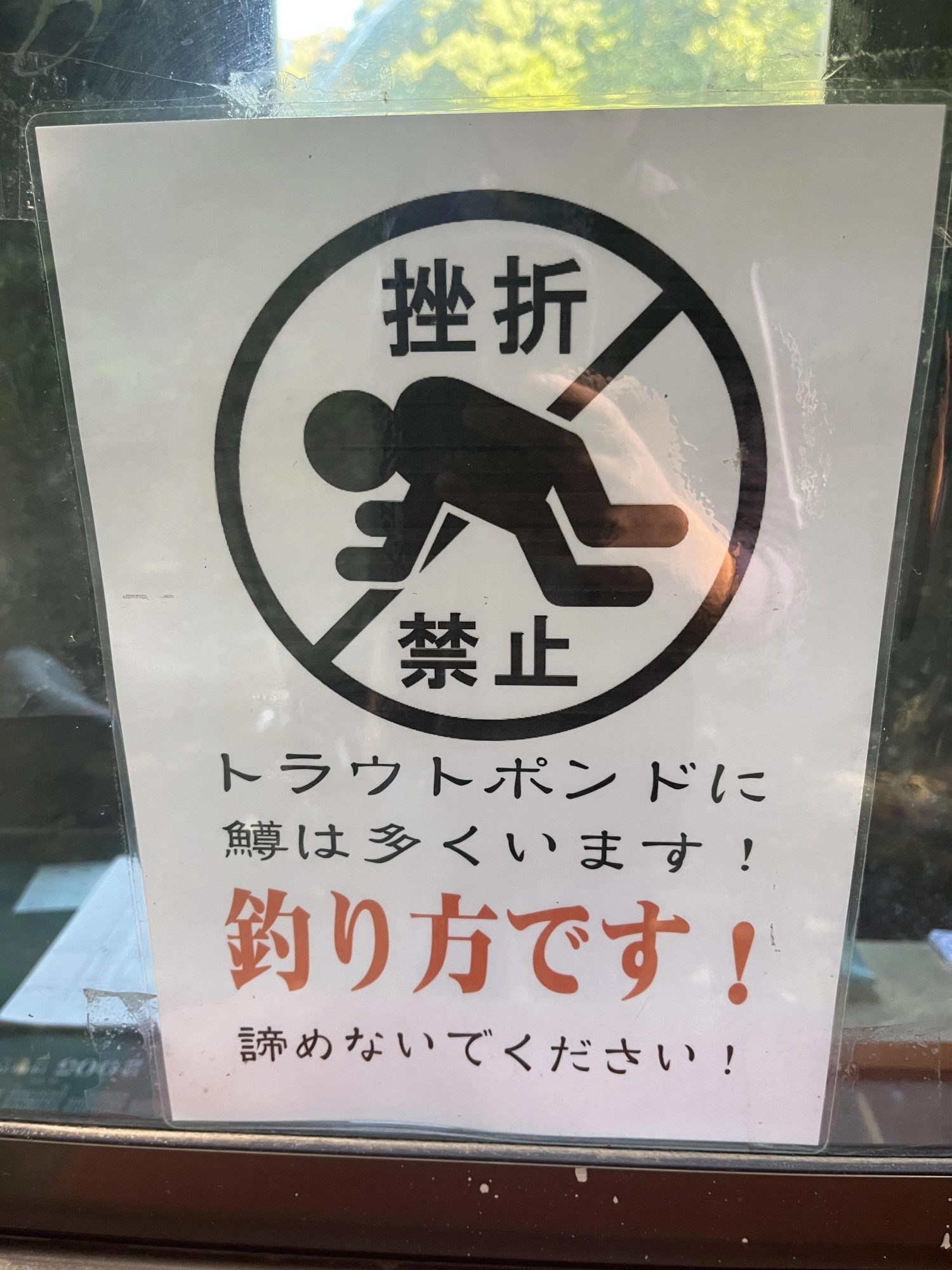 受付にある挫折禁止の貼紙。笑
確かに簡単に釣れる釣り場さんではないですが、通い込むと渋い時に1匹を捻り出す技術と挫折しない鋼メンタルが培われます。笑