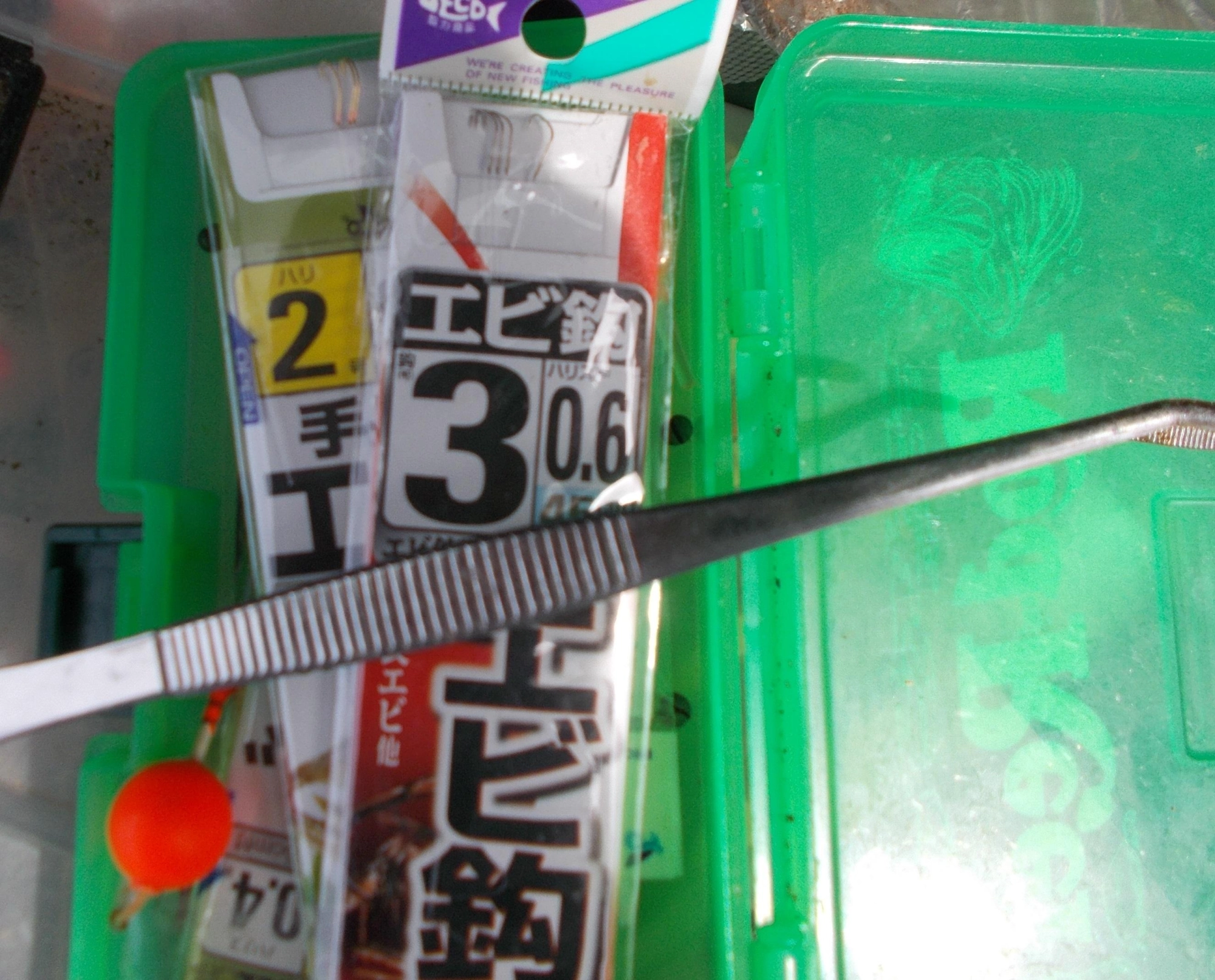 エビの口から針を外す際にピンセットはとっても便利、他には針が引っ掛かって切れてしまう事もあるので替えの針は必ず持って行ってください。