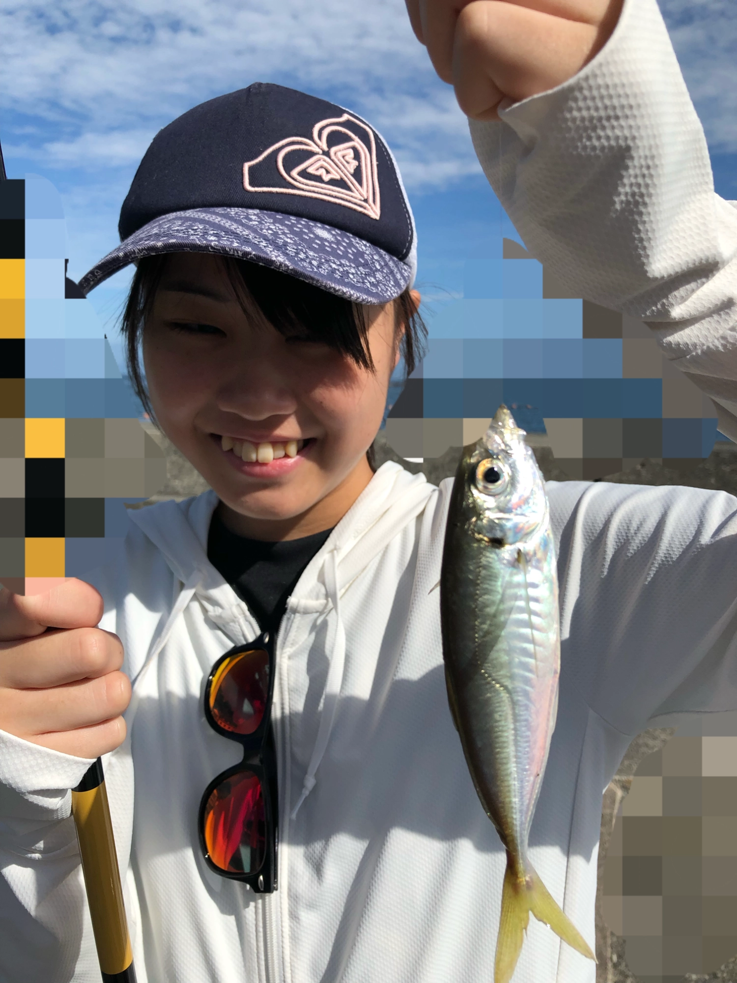 コマセをまきながら針を落とすと、すぐにアジがかかります。のべ竿なのでかなりの引きが楽しめます♪